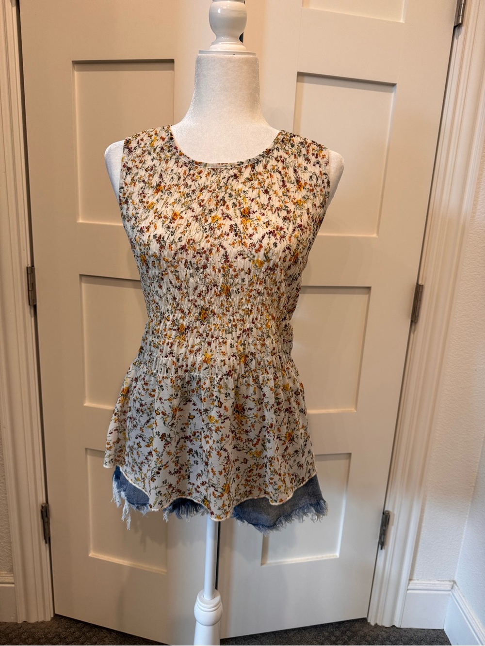 hinge Cream Floral Smocked Peplum Camisole